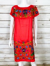 Mexican Womens Off Shoulder Dress Size XL Coral w/ Multicolor Floral Embroidered