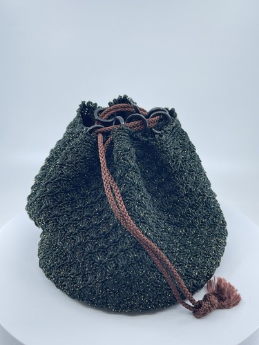 Borsa tote bag in maglia intrecciata a mano coulisse verde nero marrone colore oro accento - Foto 6 di 23