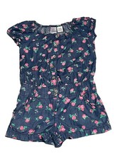Vtg Girls Guess Y2K Floral Rose Romper 7 Denim Blue Shortall