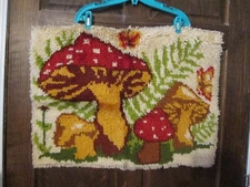Vintage Mushroom Butterfly finished Latch Hook Rug Groovy Wall Hanging Hippy