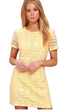 Lulu’s Love You For Eternity Dress M Yellow Lace Short Sleeve Zip Back Feminine