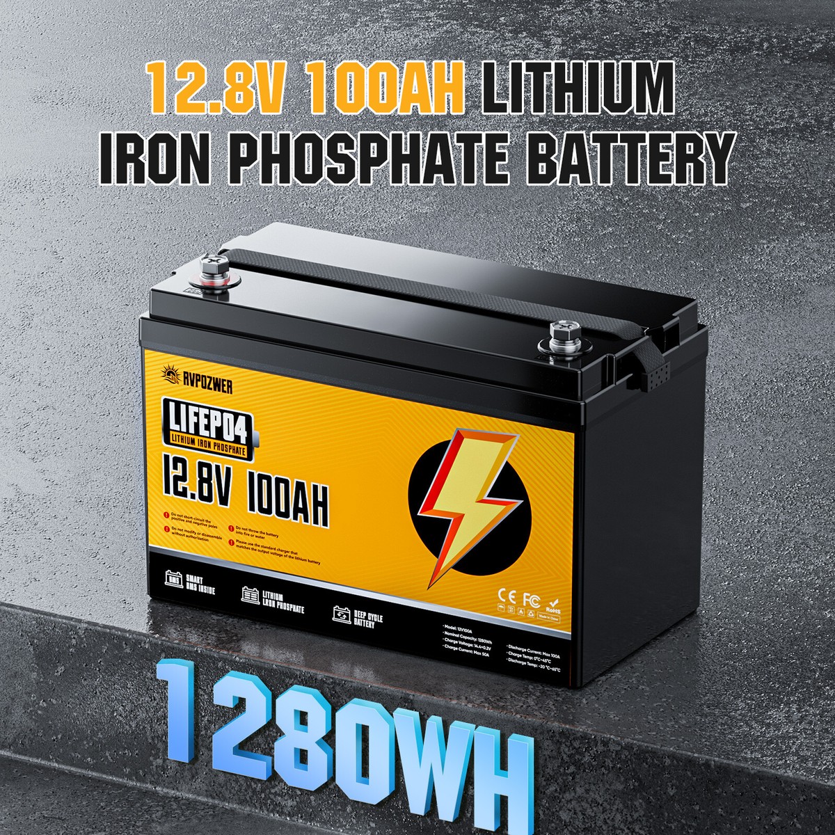 RVPOZWER 12V 100Ah LiFePO4 Lithium Battery Deep Cycle BMS for