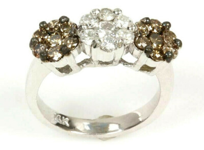 1,5 ctw natürlicher brauner & weißer Diamant massiver 14k Weißgold 3 Blumen Cluster Ring