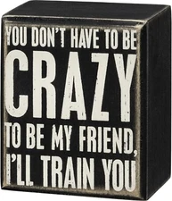 Primitives by Kathy Box Sign Crazy I'll Train You Friend Humor Rustic Home Decor