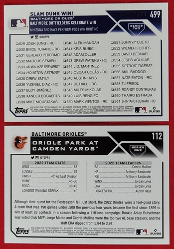 2023 Topps Series 2 BALTIMORE ORIOLES Team Card #112 Blue SP + #499 Gold #/2023 - Picture 2 of 3