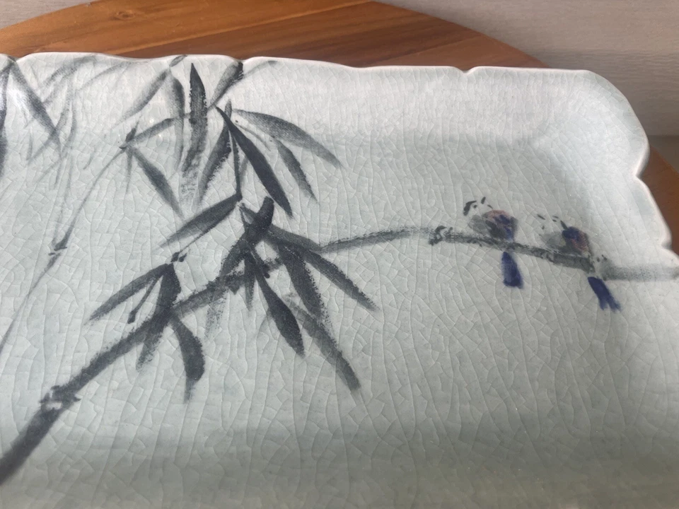 Vintage Birds Bamboo Light Blue Scalloped Handmade Art Pottery Tray 13”-Signed - Image 3 of 4