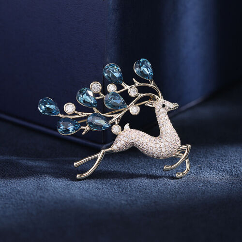 Art Deco Style Enamel Crystal Blue Deer Brooch Badge Pin Gift - Picture 1 of 5