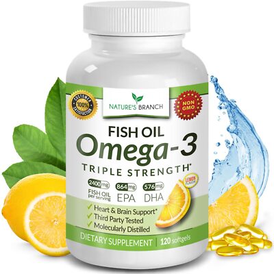 Best Triple Strength Omega 3 Fish Oil Pills 2400mg | 120 Capsules | Burpless ...