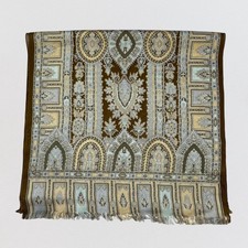 Vintage 100 Silk Paisley Scarf Brown Blue Earthy Ornate Medallion Fringe 61x17