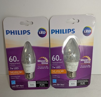 2 Philips LED Candelabra Bulb 60W (7W) Soft White 500 Lumens Dimmable  E12 Base