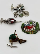 Alpine Hat Pins Lot Tyrolian Bavarian Austrian German Souvenir Black Forest Four