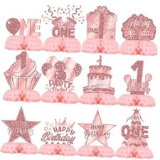 Pink Birthday Table Centerpieces for Baby Girls, Rose Gold Honeycomb First 1st