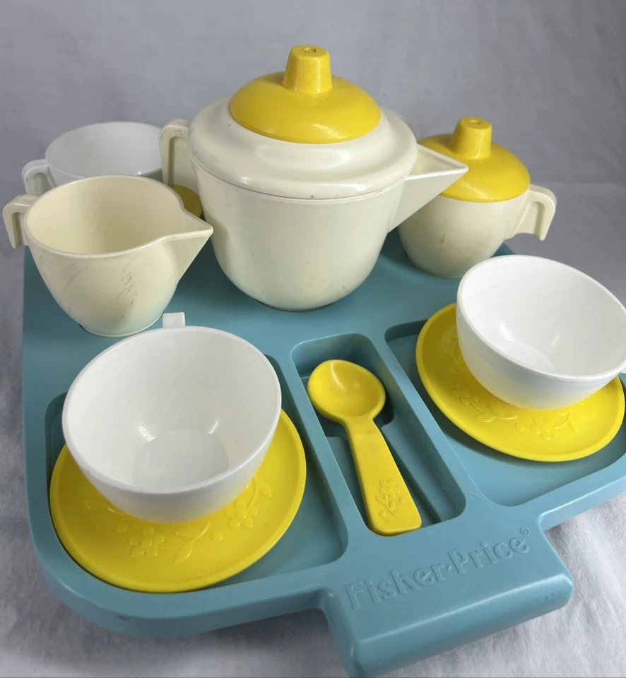 Conjunto de chá Fisher Price brinquedo azul, amarelo e branco, adorável vintage 1982 - Imagem 3 de 4
