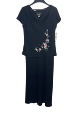 SL Fashions 90s Blck Pink Floral Embroidered Connected 2 Piece Maxi Dress 12 NWT