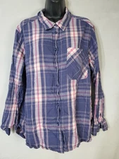 Time And Tru Button Up Shirt Women's Size 2XL Plaid Flannel Pocket 100% Cotton