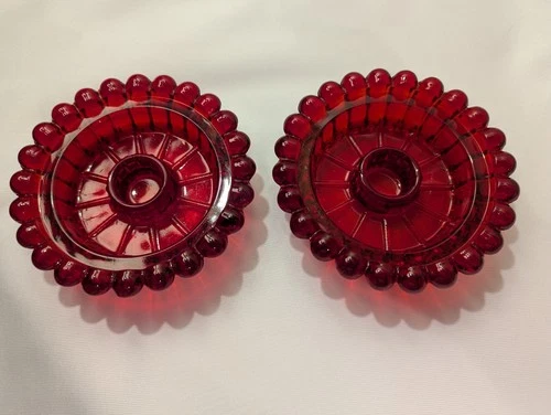 Pair of Anchor Hocking Royal Red UV Berwick Candlestick Holders Vintage