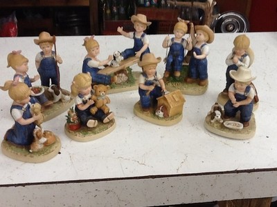 Vintage 1985 HOMCO Denim Days Figurines Lot Of 8 Teeter Totter, Dog, Bear, Swing