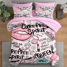 Comforter Set Size, Makeup Pink 7 Pcs Bedding for Kids and Adults, Queen Queen