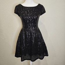 Black Sequin Cocktail Party Dress w/Capped Sleeves, V Back LBD