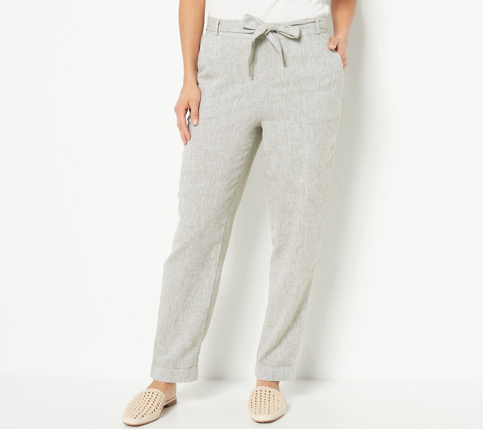 Denim & Co. Women's Pants Sz XL Naturals Regular Linen Blend Self Green A601435
