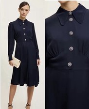 NWT $438 LK Bennett SZ 8 Mira Long Sleeve Navy Crepe Crystal Button Tea Dress