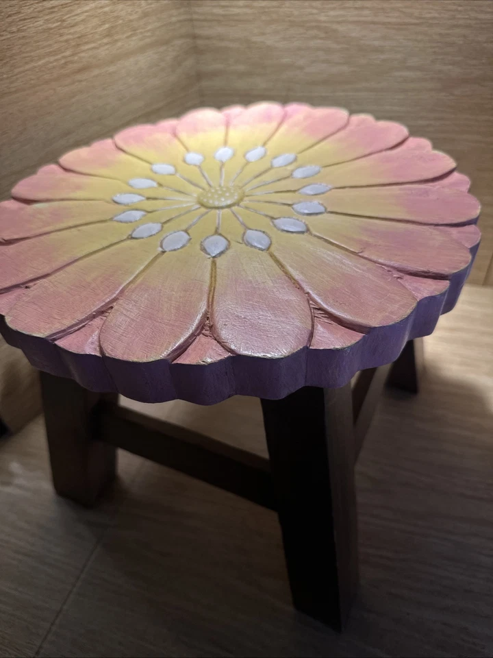 Thailand Pink Flower small Vanity Step stool Footstool Wood Wooden Garden Carved - Image 2 of 4