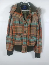 Plaid Tweed Faux Fur Trim Hooded Jacket  BB Dakota Size S Fair Brown Orange Blue