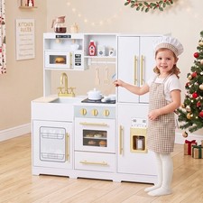 Wooden Play Kitchen for Kids w/Realistic Lights Sounds, Sink, Ice Maker, Stove