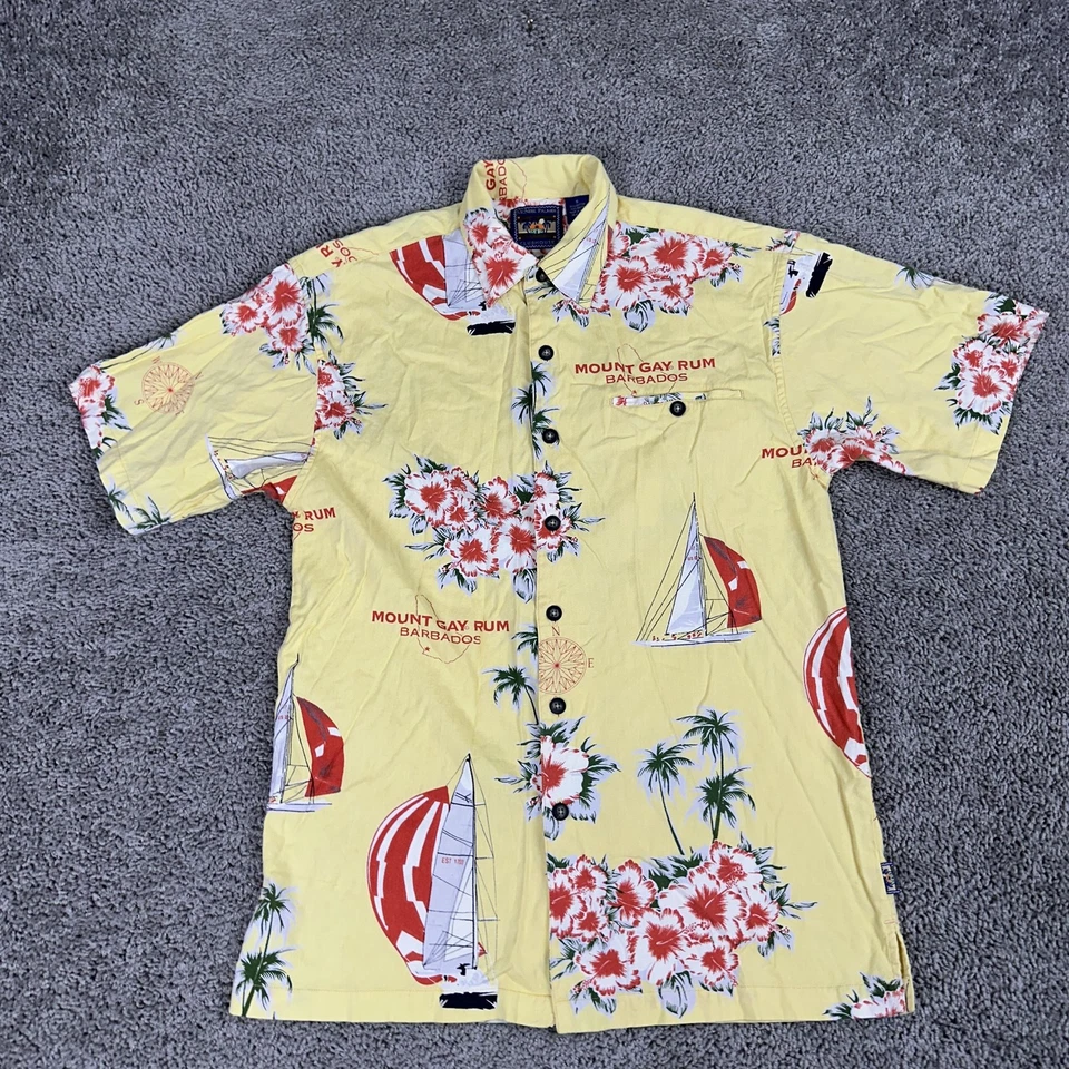 Camisa Mount Gay Rum Barbados Para Hombres Pequeña Amarilla Hawaiana Aloha Velero Floral Foto 2 de 4