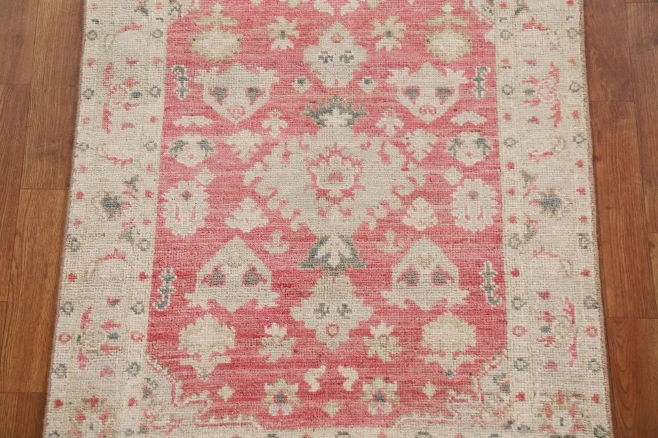 Vegetable Dye Oushak Turkish Foyer Rug 3x4 Ft Handmade Transitional Pink Rug - Image 3 of 4