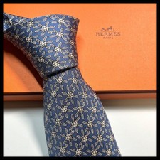 Hermes Tie All-over Pattern Silk 3.6in Blue Business Pre-owned Made in France