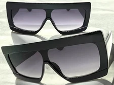 Oversized Classy Elegant Modern Retro Shield Style SUNGLASSES Large Black Frame