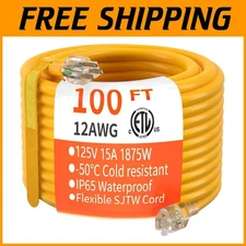 Flexible 100ft 12/3 Gauge Heavy Duty Extension Cord Yellow