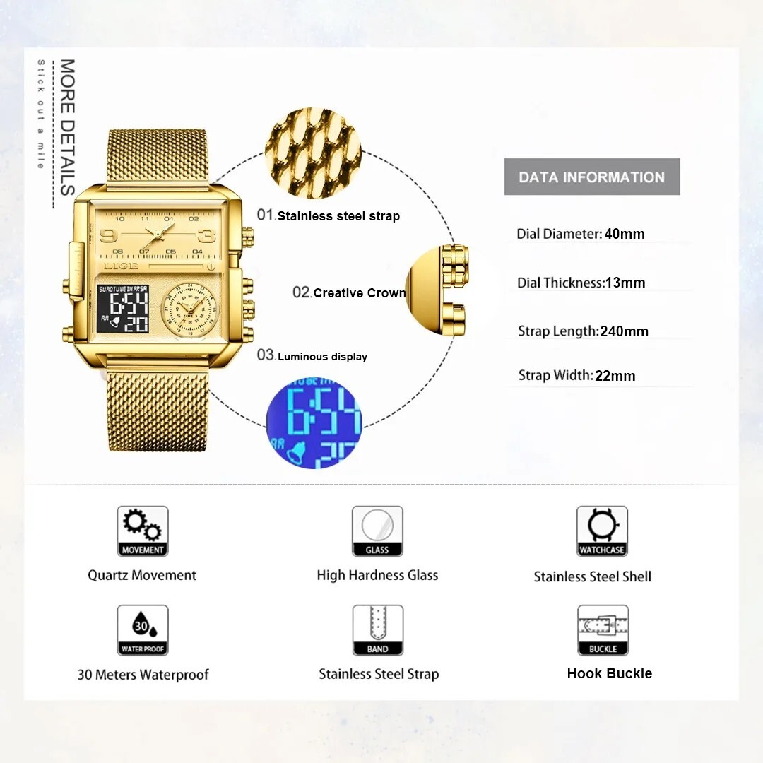 Montre Chronographe étanche LIGE Dorée - Mouvement Quartz, Affichage Date, Unisexe, Neuve étiquetée