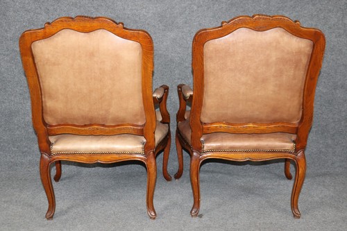 Fantastic Pair Brown Vintage French Louis XV Carved Oak Armchairs Circa 1920 - Picture 6 of 17