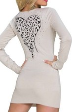 Donna Lungo Pullover Maglia Mini Abito Strass Leo Cuore Schiena 34/36/38 Beige