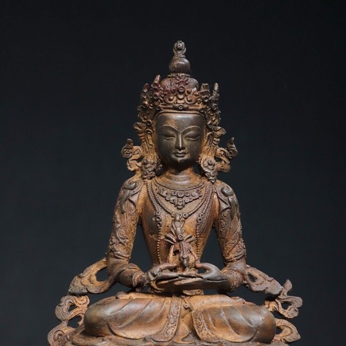 8.3" Old Tibetan Buddhism Temple Bronze gilt Amitabha Longevity Buddha Statue - Picture 5 of 9
