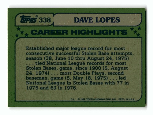 Dave Lopes 1982 Topps All-Star #338 Los Angeles Dodgers EX - Picture 2 of 2