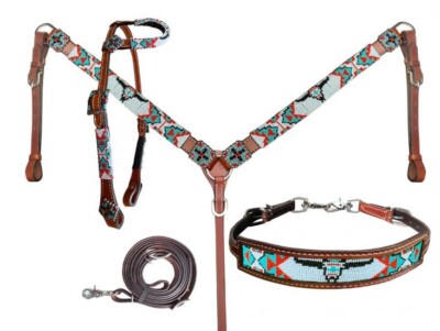 Longhorn Beaded One Ear Headstall & Breast Collar & Wither Strap & Rein NEW