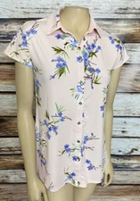 H by Halston Women's Top Sz XXS Pink Floral Print Short Sleeve Button Up
