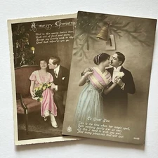 Antique RPPC Christmas Postcard Beautiful Young Woman & Handsome Man Kissing