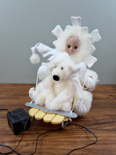 Vtg Motionette Snow Girl Eskimo Polar Bear Sled 16" w/ Adapter Song No Movement