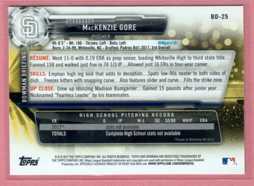 Bowman Draft MacKenzie Gore 2017 #BD-25 Padres - Imagen 2 de 2