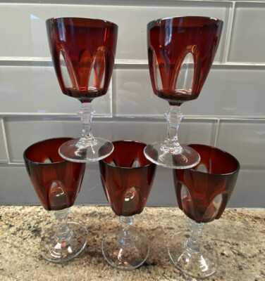 5 CRISTAL D'ARQUES DURAND Vintage Art Deco Ruby Red Wine Glass France 5.25