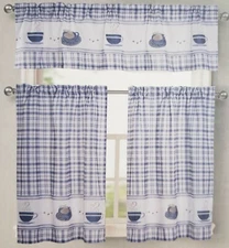 Embroidered Kitchen Window Curtains Set:2 Tiers & Valance(56x15") COFFEE CUPS,RH