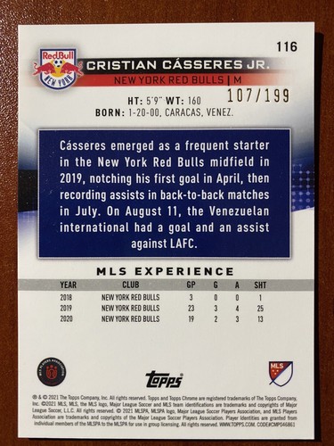 Cristian Casseres Jr. 2021 Topps Chrome MLS Blue Refractor /199 SP Read ! - Picture 2 of 2