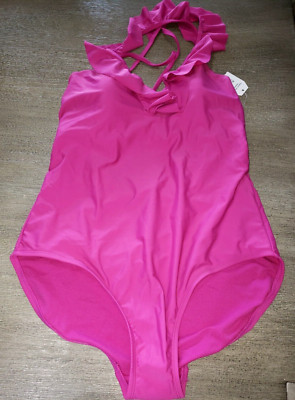 TIME & TRU 1 PC SWIM SWIMMING SUIT NEW NWT XL 16/18 dark pink RUFFLE TRIM nice!