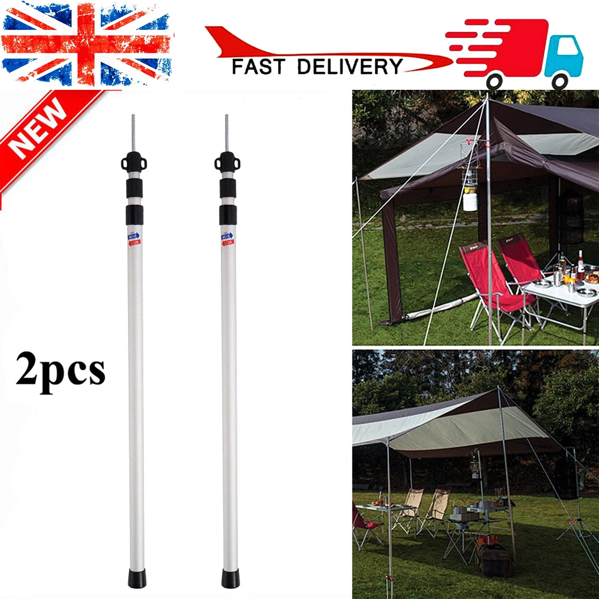 2x 230cm Tent Poles Telescopic Adjustable Steel Awning Canopy Tarp Poles j V7G2