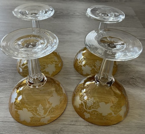 Vintage Sekt Coupe Gläser 4er Set gelb Braunglas geätzt mit Trauben - Bild 11 von 11