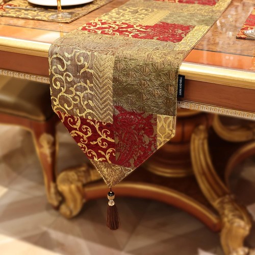 Elegant Red-Gold Chenille Table Runner 13x90 - Perfect for Holiday Settings - Picture 6 of 9